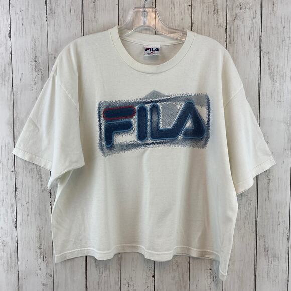 VTG 90's Fila White Big Logo Graphic Single Stitch Crop Top Size XL USA - Picture 1 of 8